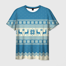 Мужская футболка 3D с принтом Sweater with deer on a blue background в Белгороде, 100% полиэфир | прямой крой, круглый вырез горловины, длина до линии бедер | Тематика изображения на принте: 