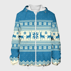Мужская куртка 3D с принтом Sweater with deer on a blue background в Белгороде, ткань верха — 100% полиэстер, подклад — флис | прямой крой, подол и капюшон оформлены резинкой с фиксаторами, два кармана без застежек по бокам, один большой потайной карман на груди. Карман на груди застегивается на липучку | 