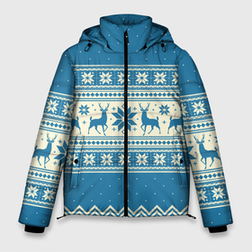 Мужская зимняя куртка 3D с принтом Sweater with deer on a blue background в Санкт-Петербурге, верх — 100% полиэстер; подкладка — 100% полиэстер; утеплитель — 100% полиэстер | длина ниже бедра, свободный силуэт Оверсайз. Есть воротник-стойка, отстегивающийся капюшон и ветрозащитная планка. 

Боковые карманы с листочкой на кнопках и внутренний карман на молнии. | 