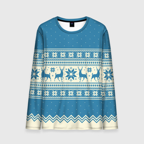 Мужской лонгслив 3D с принтом Sweater with deer on a blue background , 100% полиэстер | длинные рукава, круглый вырез горловины, полуприлегающий силуэт | 