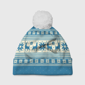 Шапка 3D c помпоном с принтом Sweater with deer on a blue background в Белгороде, 100% полиэстер | универсальный размер, печать по всей поверхности изделия | Тематика изображения на принте: 