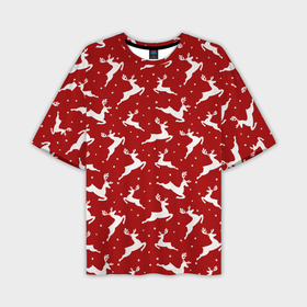 Мужская футболка oversize 3D с принтом Красный паттерн с новогодними оленями в Курске,  |  | 