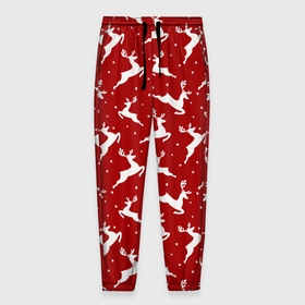 Мужские брюки 3D с принтом Красный паттерн с новогодними оленями в Тюмени, 100% полиэстер | манжеты по низу, эластичный пояс регулируется шнурком, по бокам два кармана без застежек, внутренняя часть кармана из мелкой сетки | 