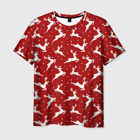 Мужская футболка 3D с принтом Красный паттерн с новогодними оленями , 100% полиэфир | прямой крой, круглый вырез горловины, длина до линии бедер | 