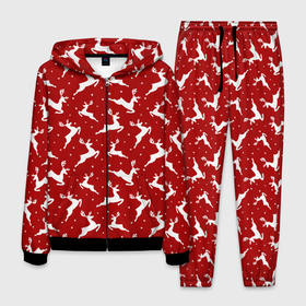 Мужской костюм 3D с принтом Красный паттерн с новогодними оленями в Курске, 100% полиэстер | Манжеты и пояс оформлены тканевой резинкой, двухслойный капюшон со шнурком для регулировки, карманы спереди | 
