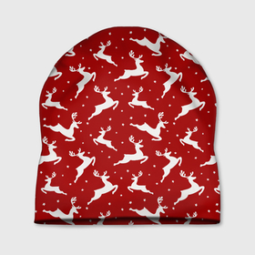 Шапка 3D с принтом Красный паттерн с новогодними оленями в Кировске, 100% полиэстер | универсальный размер, печать по всей поверхности изделия | 