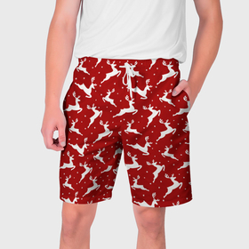 Мужские шорты 3D с принтом Красный паттерн с новогодними оленями в Кировске,  полиэстер 100% | прямой крой, два кармана без застежек по бокам. Мягкая трикотажная резинка на поясе, внутри которой широкие завязки. Длина чуть выше колен | 