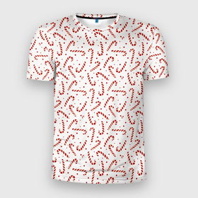 Мужская футболка 3D Slim с принтом Caramel cane new years pattern в Екатеринбурге, 100% полиэстер с улучшенными характеристиками | приталенный силуэт, круглая горловина, широкие плечи, сужается к линии бедра | 