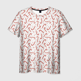 Мужская футболка 3D с принтом Caramel cane new years pattern в Белгороде, 100% полиэфир | прямой крой, круглый вырез горловины, длина до линии бедер | 