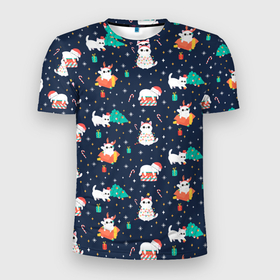 Мужская футболка 3D Slim с принтом Pattern with new years cats в Екатеринбурге, 100% полиэстер с улучшенными характеристиками | приталенный силуэт, круглая горловина, широкие плечи, сужается к линии бедра | 