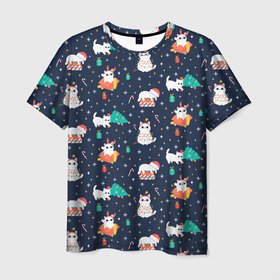 Мужская футболка 3D с принтом Pattern with new years cats в Санкт-Петербурге, 100% полиэфир | прямой крой, круглый вырез горловины, длина до линии бедер | 