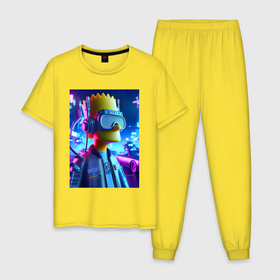 Мужская пижама хлопок с принтом Cyber Bart   ai art   neon в Белгороде, 100% хлопок | брюки и футболка прямого кроя, без карманов, на брюках мягкая резинка на поясе и по низу штанин
 | 