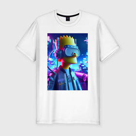 Мужская футболка хлопок Slim с принтом Cyber Bart   ai art   neon в Тюмени, 92% хлопок, 8% лайкра | приталенный силуэт, круглый вырез ворота, длина до линии бедра, короткий рукав | 