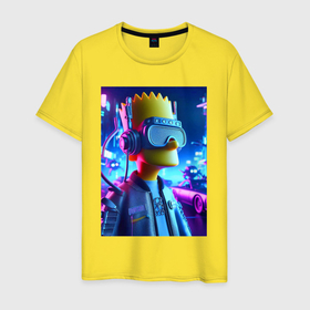 Мужская футболка хлопок с принтом Cyber Bart   ai art   neon в Тюмени, 100% хлопок | прямой крой, круглый вырез горловины, длина до линии бедер, слегка спущенное плечо. | 
