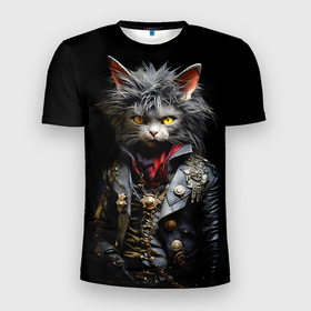 Мужская футболка 3D Slim с принтом Мохнатый готический кот в Белгороде, 100% полиэстер с улучшенными характеристиками | приталенный силуэт, круглая горловина, широкие плечи, сужается к линии бедра | 