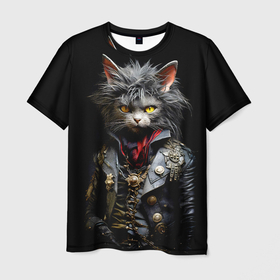 Мужская футболка 3D с принтом Мохнатый готический кот в Санкт-Петербурге, 100% полиэфир | прямой крой, круглый вырез горловины, длина до линии бедер | 