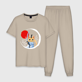 Мужская пижама хлопок с принтом Анимешный кот самурай в Тюмени, 100% хлопок | брюки и футболка прямого кроя, без карманов, на брюках мягкая резинка на поясе и по низу штанин
 | 