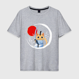 Мужская футболка хлопок Oversize с принтом Анимешный кот самурай в Белгороде, 100% хлопок | свободный крой, круглый ворот, “спинка” длиннее передней части | 