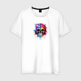 Мужская футболка хлопок с принтом Череп покрытый стекающей краской в Санкт-Петербурге, 100% хлопок | прямой крой, круглый вырез горловины, длина до линии бедер, слегка спущенное плечо. | 