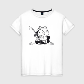 Женская футболка хлопок с принтом Котик рыбак в Санкт-Петербурге, 100% хлопок | прямой крой, круглый вырез горловины, длина до линии бедер, слегка спущенное плечо | 
