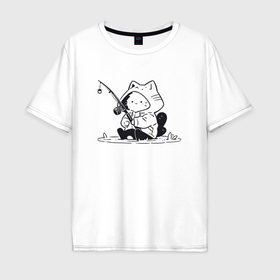 Мужская футболка хлопок Oversize с принтом Котик рыбак в Кировске, 100% хлопок | свободный крой, круглый ворот, “спинка” длиннее передней части | 