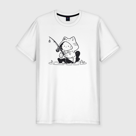 Мужская футболка хлопок Slim с принтом Котик рыбак в Белгороде, 92% хлопок, 8% лайкра | приталенный силуэт, круглый вырез ворота, длина до линии бедра, короткий рукав | Тематика изображения на принте: 