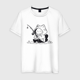 Мужская футболка хлопок с принтом Котик рыбак в Курске, 100% хлопок | прямой крой, круглый вырез горловины, длина до линии бедер, слегка спущенное плечо. | 