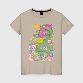 Женская футболка хлопок с принтом Змей Горыныч: добрый русский дракон в Белгороде, 100% хлопок | прямой крой, круглый вырез горловины, длина до линии бедер, слегка спущенное плечо | 
