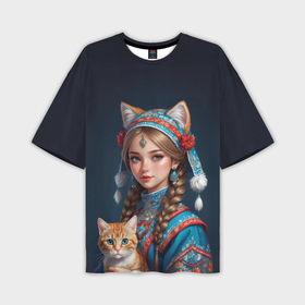 Мужская футболка oversize 3D с принтом Девушка кошка с котиком в Курске,  |  | 