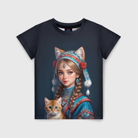 Детская футболка 3D с принтом Девушка кошка с котиком в Санкт-Петербурге, 100% гипоаллергенный полиэфир | прямой крой, круглый вырез горловины, длина до линии бедер, чуть спущенное плечо, ткань немного тянется | 