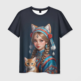 Мужская футболка 3D с принтом Девушка кошка с котиком в Курске, 100% полиэфир | прямой крой, круглый вырез горловины, длина до линии бедер | 