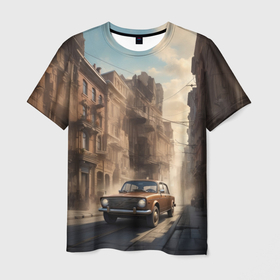 Мужская футболка 3D с принтом Автопробег по пыльному городу в Курске, 100% полиэфир | прямой крой, круглый вырез горловины, длина до линии бедер | 