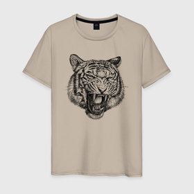 Мужская футболка хлопок с принтом Рычащий тигр , 100% хлопок | прямой крой, круглый вырез горловины, длина до линии бедер, слегка спущенное плечо. | Тематика изображения на принте: 
