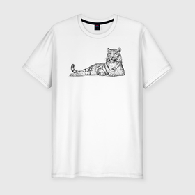 Мужская футболка хлопок Slim с принтом Тигр лежащий , 92% хлопок, 8% лайкра | приталенный силуэт, круглый вырез ворота, длина до линии бедра, короткий рукав | 