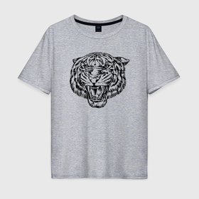 Мужская футболка хлопок Oversize с принтом Тигр агрессивный , 100% хлопок | свободный крой, круглый ворот, “спинка” длиннее передней части | Тематика изображения на принте: 