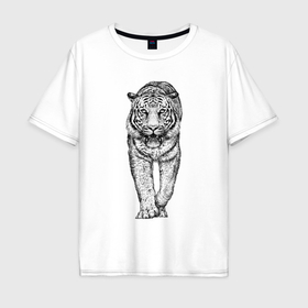 Мужская футболка хлопок Oversize с принтом Тигр анфас , 100% хлопок | свободный крой, круглый ворот, “спинка” длиннее передней части | Тематика изображения на принте: 