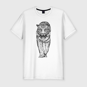Мужская футболка хлопок Slim с принтом Тигр анфас , 92% хлопок, 8% лайкра | приталенный силуэт, круглый вырез ворота, длина до линии бедра, короткий рукав | 