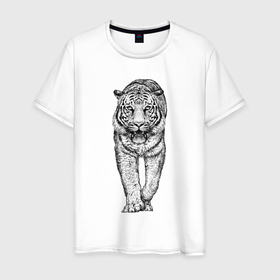 Мужская футболка хлопок с принтом Тигр анфас , 100% хлопок | прямой крой, круглый вырез горловины, длина до линии бедер, слегка спущенное плечо. | 