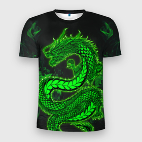 Мужская футболка 3D Slim с принтом Зеленый дракон с эффектом свечения в Кировске, 100% полиэстер с улучшенными характеристиками | приталенный силуэт, круглая горловина, широкие плечи, сужается к линии бедра | 