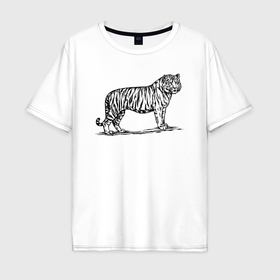 Мужская футболка хлопок Oversize с принтом Тигр боком в Курске, 100% хлопок | свободный крой, круглый ворот, “спинка” длиннее передней части | Тематика изображения на принте: 