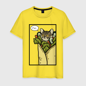Мужская футболка хлопок с принтом Кот в шаурме в Тюмени, 100% хлопок | прямой крой, круглый вырез горловины, длина до линии бедер, слегка спущенное плечо. | 