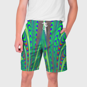 Мужские шорты 3D с принтом Синие извивы на зелёном фоне в Кировске,  полиэстер 100% | прямой крой, два кармана без застежек по бокам. Мягкая трикотажная резинка на поясе, внутри которой широкие завязки. Длина чуть выше колен | 