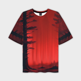 Мужская футболка oversize 3D с принтом Лесная чаща красный туман в Курске,  |  | Тематика изображения на принте: 