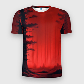 Мужская футболка 3D Slim с принтом Лесная чаща красный туман в Курске, 100% полиэстер с улучшенными характеристиками | приталенный силуэт, круглая горловина, широкие плечи, сужается к линии бедра | Тематика изображения на принте: 