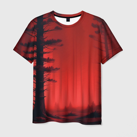 Мужская футболка 3D с принтом Лесная чаща красный туман в Курске, 100% полиэфир | прямой крой, круглый вырез горловины, длина до линии бедер | Тематика изображения на принте: 
