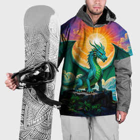 Накидка на куртку 3D с принтом Зеленый дракон в горах на закате в Санкт-Петербурге, 100% полиэстер |  | Тематика изображения на принте: 
