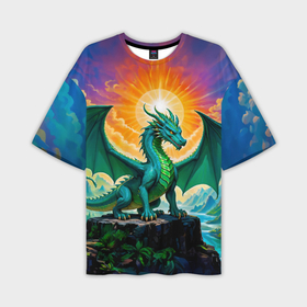 Мужская футболка oversize 3D с принтом Зеленый дракон в горах на закате в Новосибирске,  |  | Тематика изображения на принте: 
