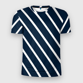 Мужская футболка 3D Slim с принтом Тёмно синий в белую полоску диагональ в Санкт-Петербурге, 100% полиэстер с улучшенными характеристиками | приталенный силуэт, круглая горловина, широкие плечи, сужается к линии бедра | Тематика изображения на принте: 
