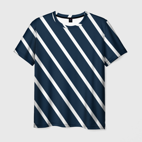 Мужская футболка 3D с принтом Тёмно синий в белую полоску диагональ в Санкт-Петербурге, 100% полиэфир | прямой крой, круглый вырез горловины, длина до линии бедер | Тематика изображения на принте: 