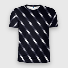 Мужская футболка 3D Slim с принтом Чёрно фиолетовый переливающиеся полосы , 100% полиэстер с улучшенными характеристиками | приталенный силуэт, круглая горловина, широкие плечи, сужается к линии бедра | 
